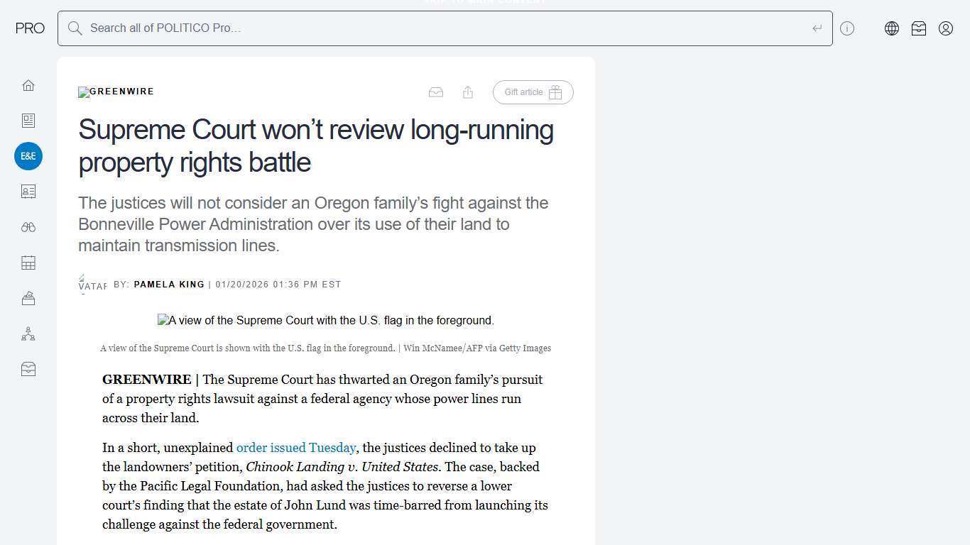 POLITICO Pro | Article | Supreme Court won’t review long-running property rights battle